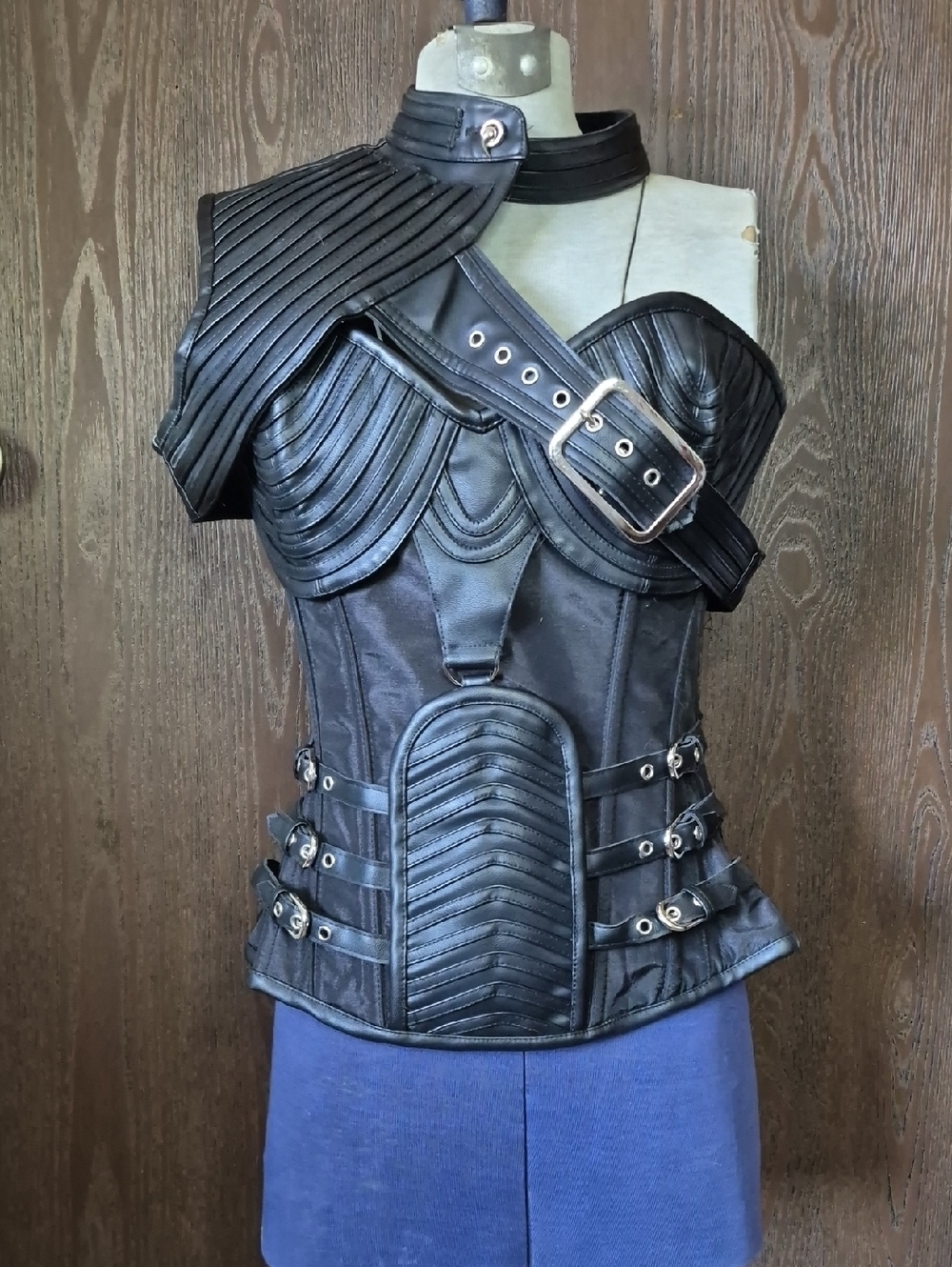 Black Faux Leather Corset with Asymmetrical Shoulder Harness Size Medium NWOT